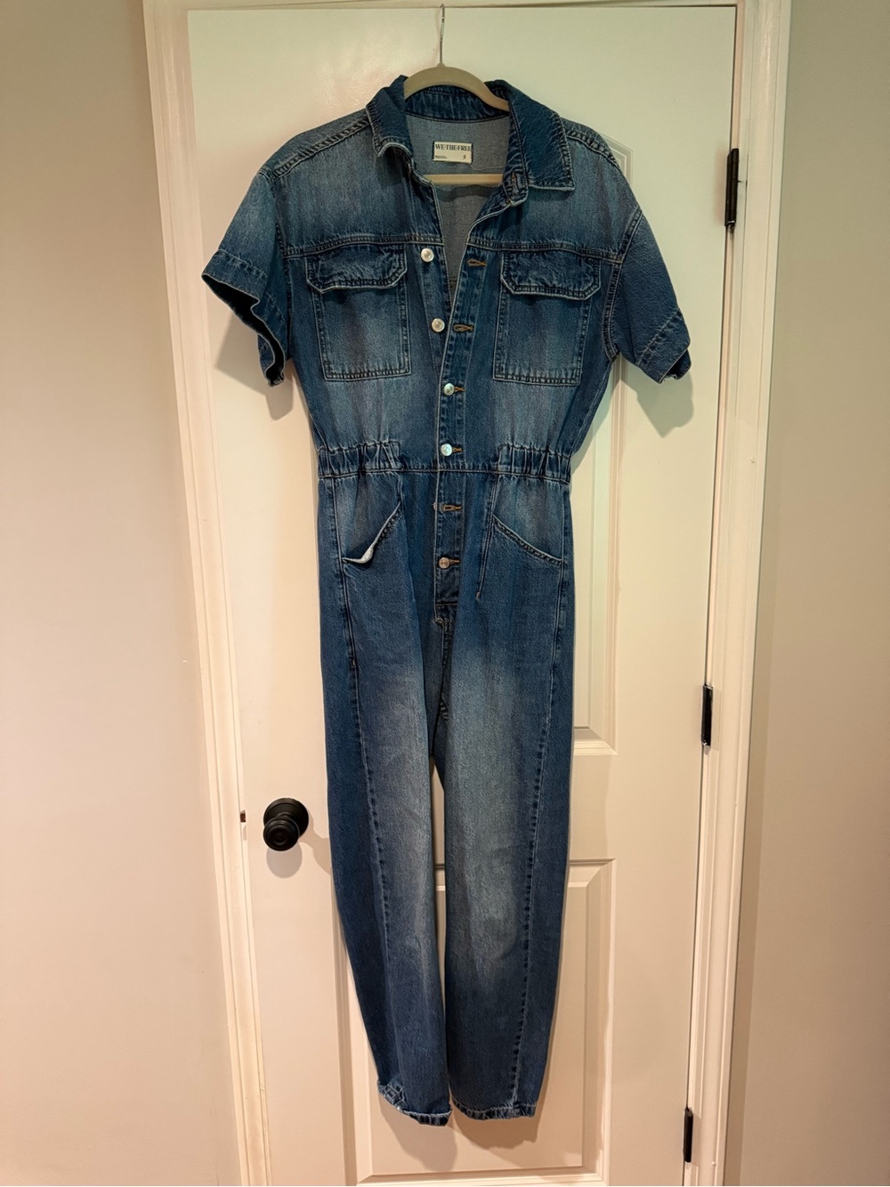 Free People Denim Short-Sleeve Button-Front Jumpsuit